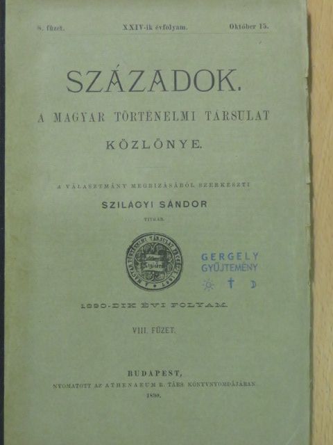 Ferenczi Zoltán - Századok 1890. október 15. [antikvár]