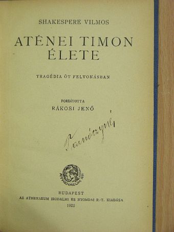 Shakespere Vilmos - Aténei Timon élete [antikvár]