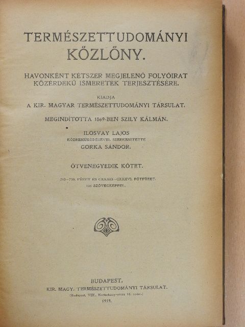 Aujeszky Aladár - Természettudományi Közlöny 1919./Pótfüzetek a Természettudományi Közlönyhöz 1919. (Nem teljes évfolyam) [antikvár]