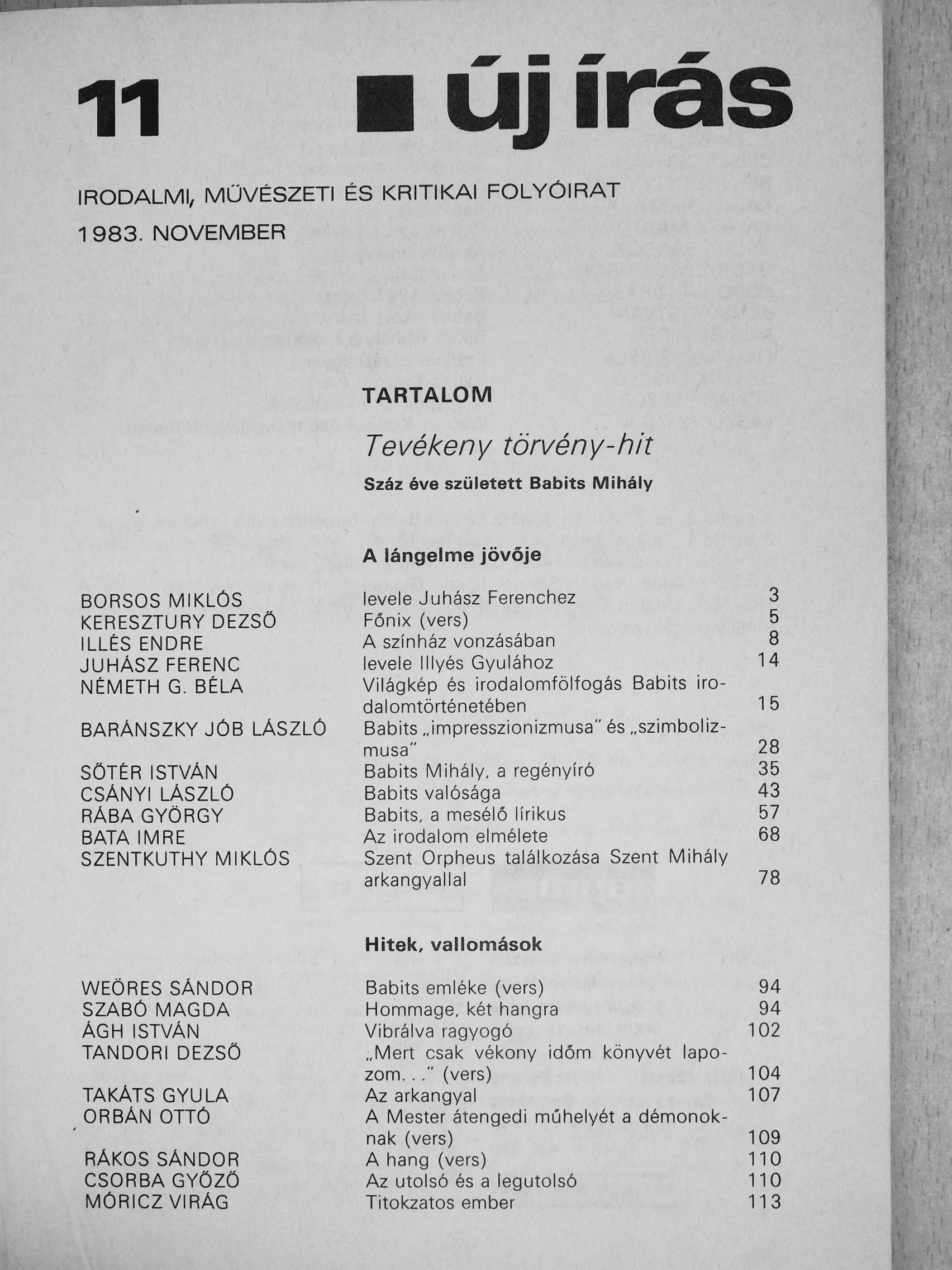 Borsos Miklós - Új Írás 1983. november [antikvár]