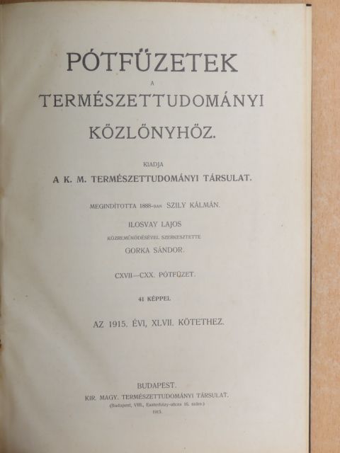 Bartucz Lajos - Pótfüzetek a Természettudományi Közlönyhöz 1915/1-4. [antikvár]