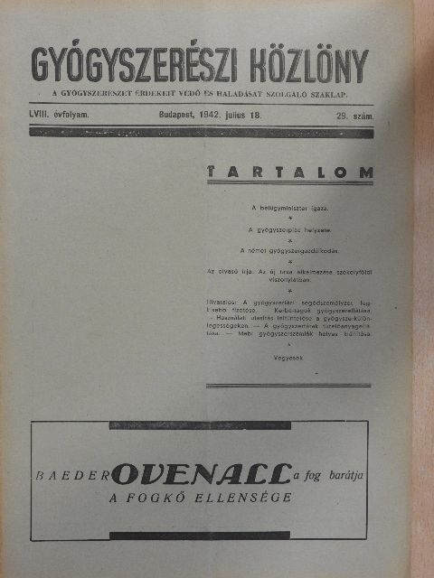 Gyógyszerészi Közlöny 1942. julius 18. [antikvár]
