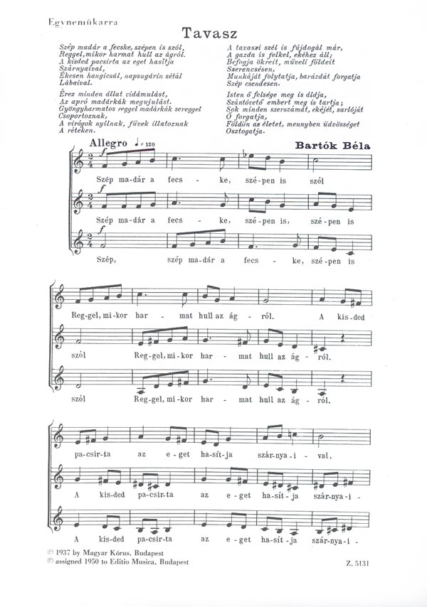 BARTÓK - TAVASZ EGYNEMŰKARRA