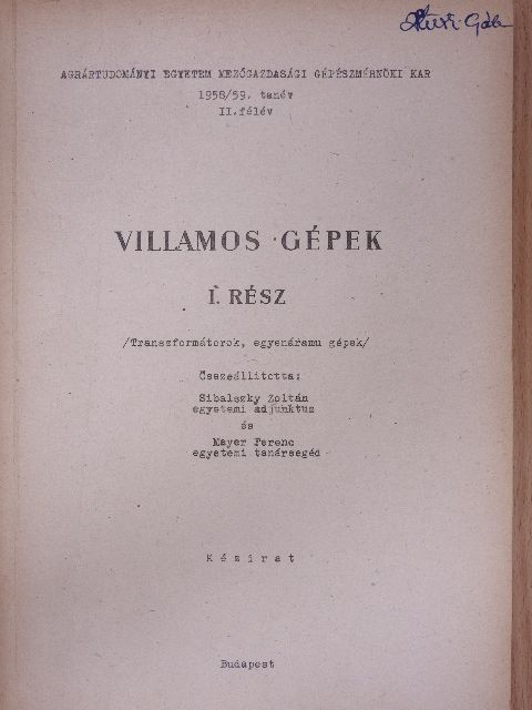 Villamos gépek I. [antikvár]