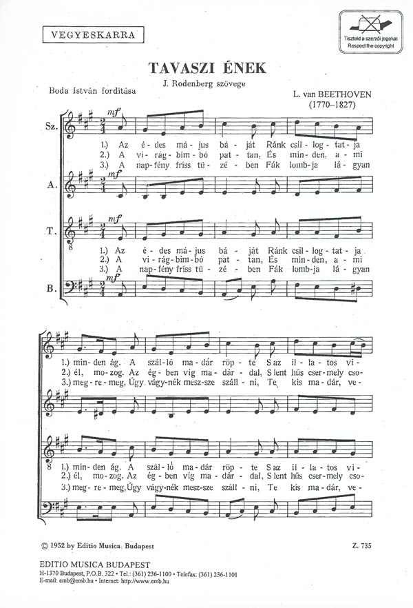 BEETHOVEN - TAVASZI ÉNEK VEGYESKARRA (J.RODENBERG SZÖVEGE)