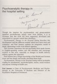 Paul Janssen - Psychoanalytic Therapy in the Hospital Setting (dedikált) [antikvár]