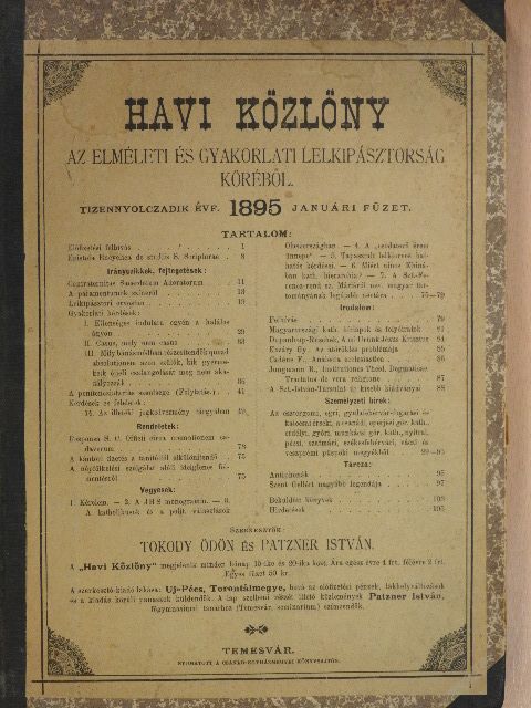 Havi közlöny az elméleti és gyakorlati lelkipásztorság köréből 1895. (nem teljes évfolyam) [antikvár]