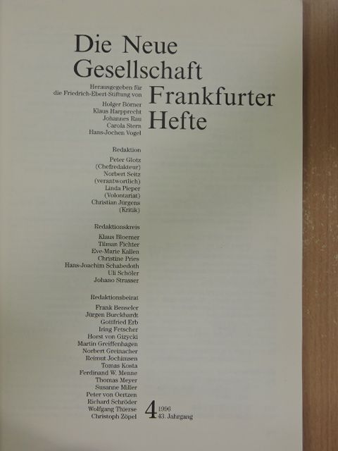 Harry Pross - Die Neue Gesellschaft/Frankfurter Hefte 4/1996. [antikvár]