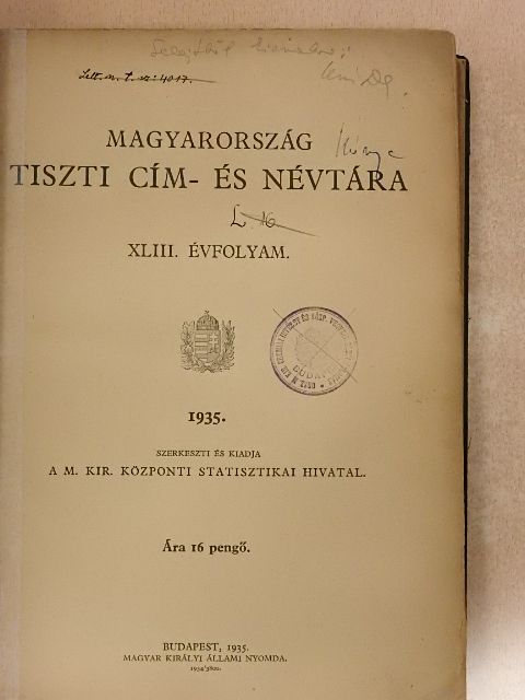 Magyarország tiszti cím- és névtára 1935. [antikvár]