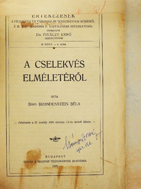 Báró Brandenstein Béla - A cselekvés elméletéről [antikvár]