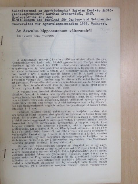 Pénzes Antal - Az Aesculus hippocastanum változatairól [antikvár]