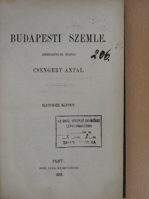 Budapesti Szemle 1859. VI. kötet 18-20. füzet [antikvár]