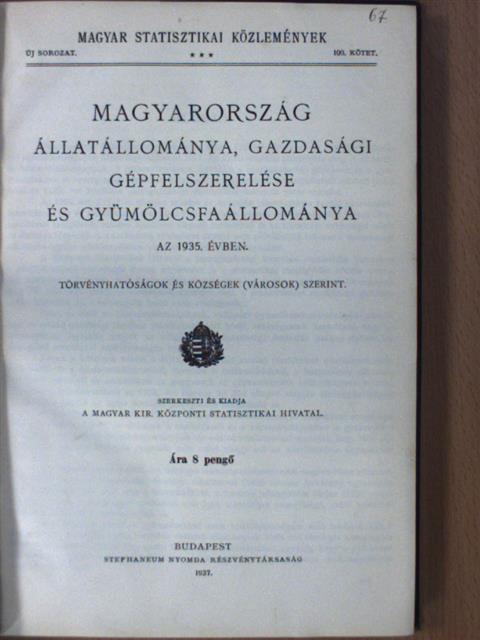 Magyarország állatállománya, gazdasági gépfelszerelése és gyümölcsfaállománya az 1935. évben [antikvár]