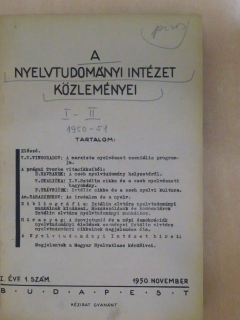 A. P. Barannyikov - A nyelvtudományi intézet közleményei 1950-1951. (nem teljes évfolyamok) [antikvár]