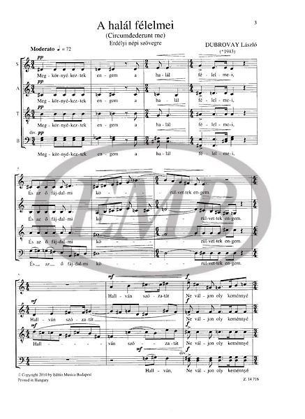DUBROVAY LÁSZLÓ - A HALÁL FÉLELMEI VEGYESKARRA (CIRCUMDEDERUNT ME FÜR GEMISCHTEN CHOR)