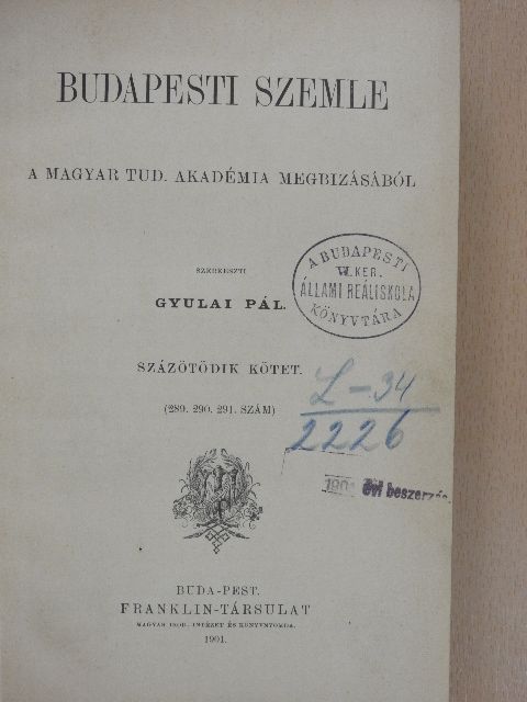 Gorove László - Budapesti Szemle 105. kötet 289-291. szám [antikvár]