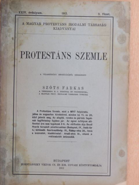 B. Pap István - Protestáns Szemle 1912. szeptember [antikvár]