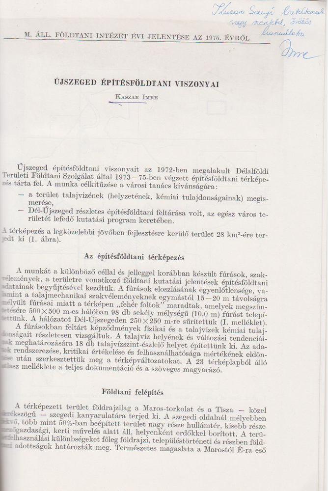 Kaszab Imre - Újszeged építésföldtani viszonyai (dedikált) [antikvár]