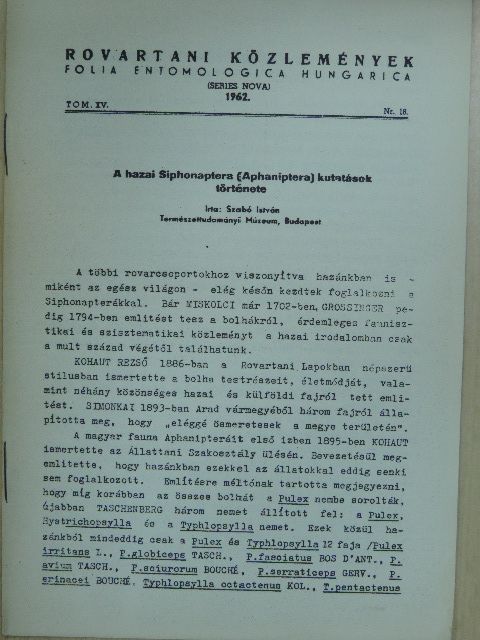 Szabó István - A hazai Siphonaptera (Aphaniptera) kutatások története [antikvár]