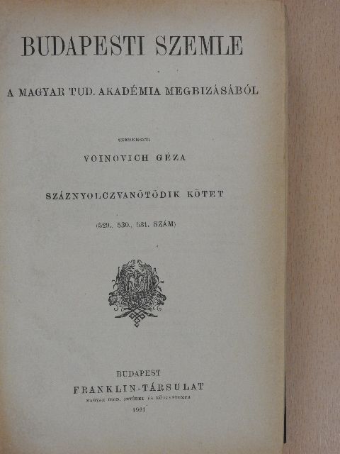 Beöthy Zsolt - Budapesti Szemle 185-188. kötet 529-540. szám [antikvár]