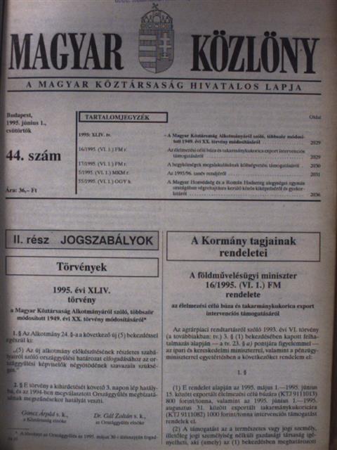 Magyar Közlöny 1995. június 1-30. (nem teljes évfolyam) [antikvár]