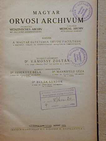 Dr. Hasskó Sándor - Magyar Orvosi Archivum 1933. XXXIV. kötet [antikvár]
