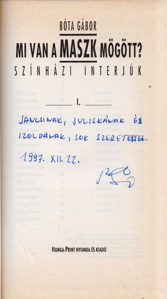 Bóta Gábor - Mi van a maszk mögött? - Színházi interjúk I. (dedikált) [antikvár]