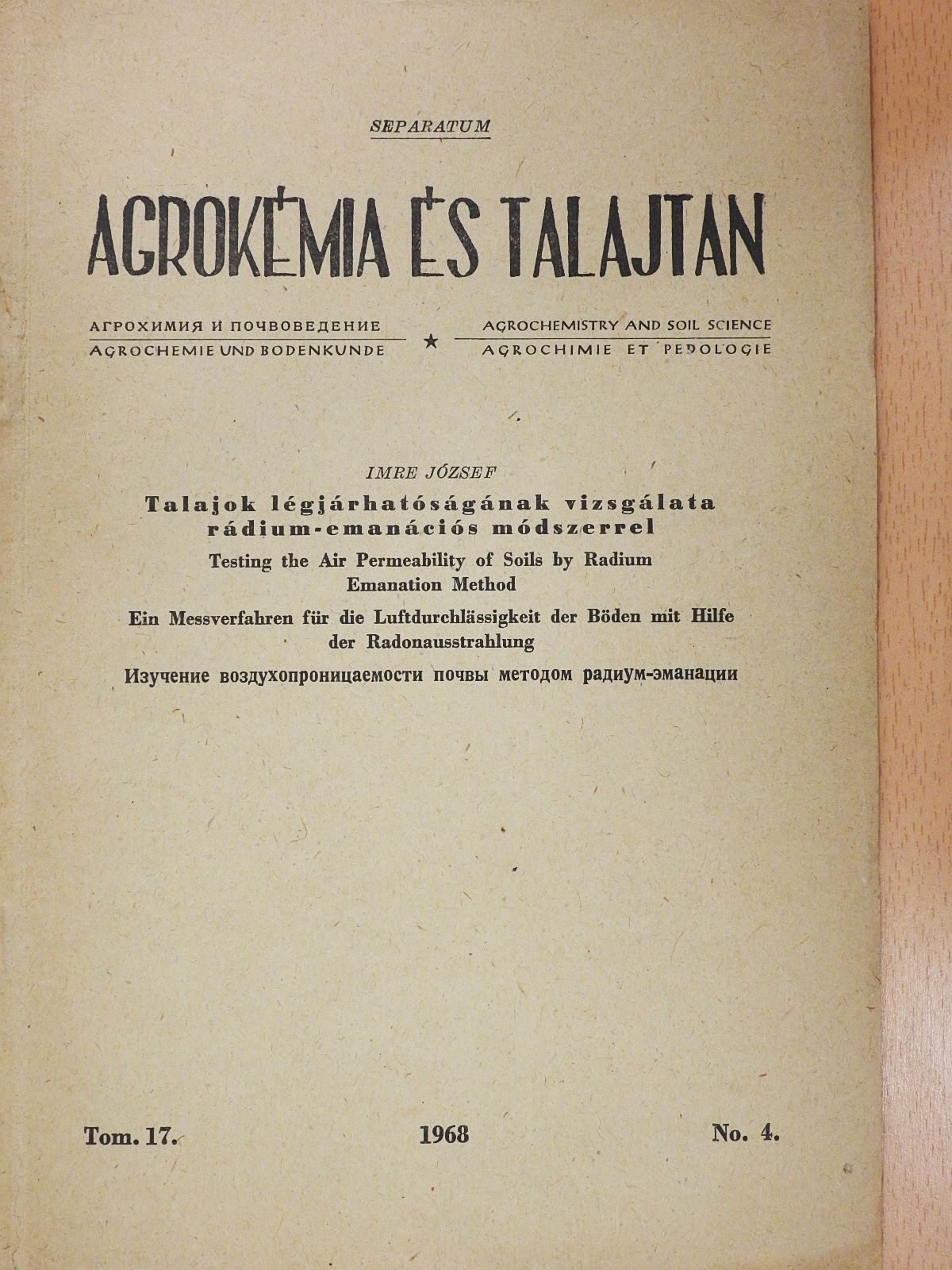 Imre József - Talajok légjárhatóságának vizsgálata rádium-emanációs módszerrel (dedikált példány) [antikvár]