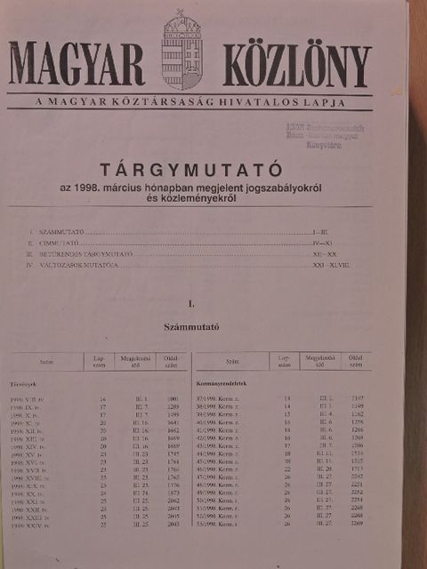Magyar Közlöny 1998/14-27. [antikvár]