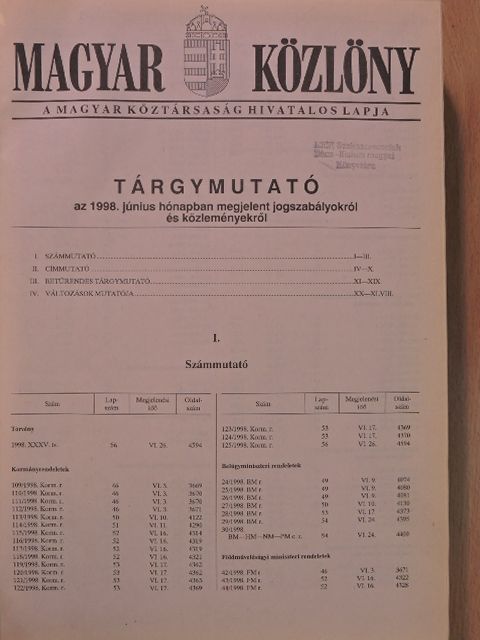 Magyar Közlöny 1998/46-57. [antikvár]