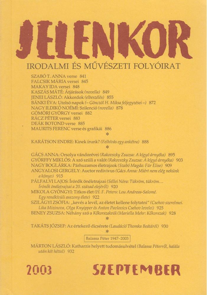 Ágoston Zoltán (főszerk.) - Jelenkor 2003. Szeptember [antikvár]