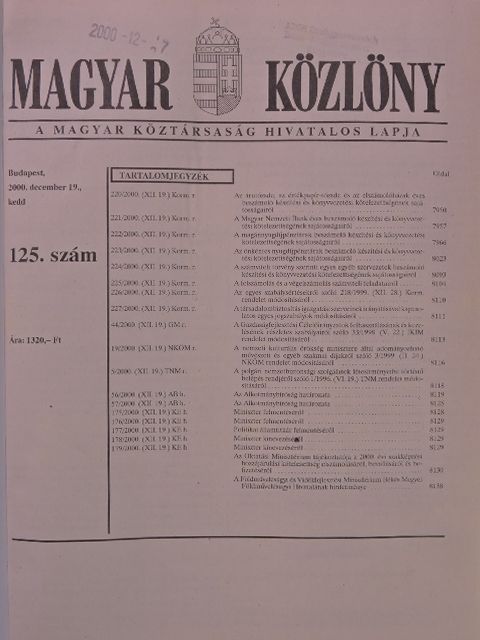 Magyar Közlöny 2000. december 19-30. (nem teljes évfolyam) [antikvár]
