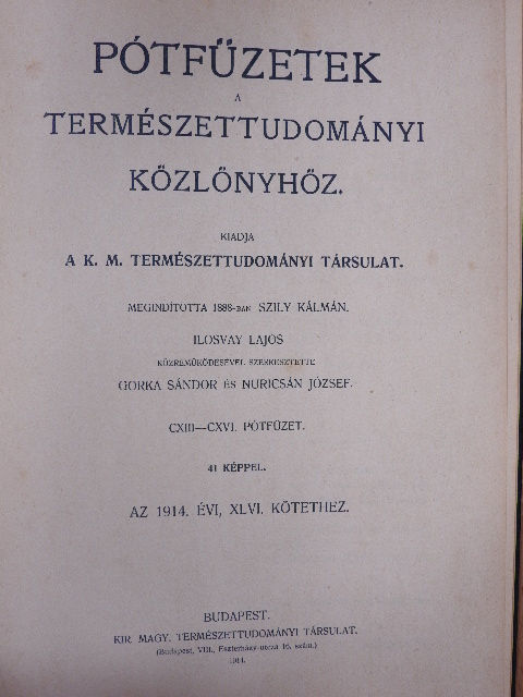 Bartucz Lajos - Pótfüzetek a Természettudományi Közlönyhöz 1914/1-4. [antikvár]