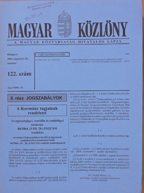 Magyar Közlöny 2004. augusztus 28. [antikvár]
