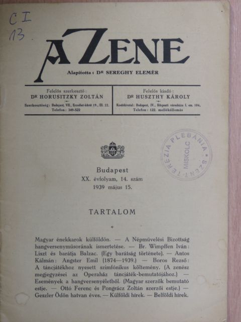 Antos Kálmán - A Zene 1939. május 15. [antikvár]