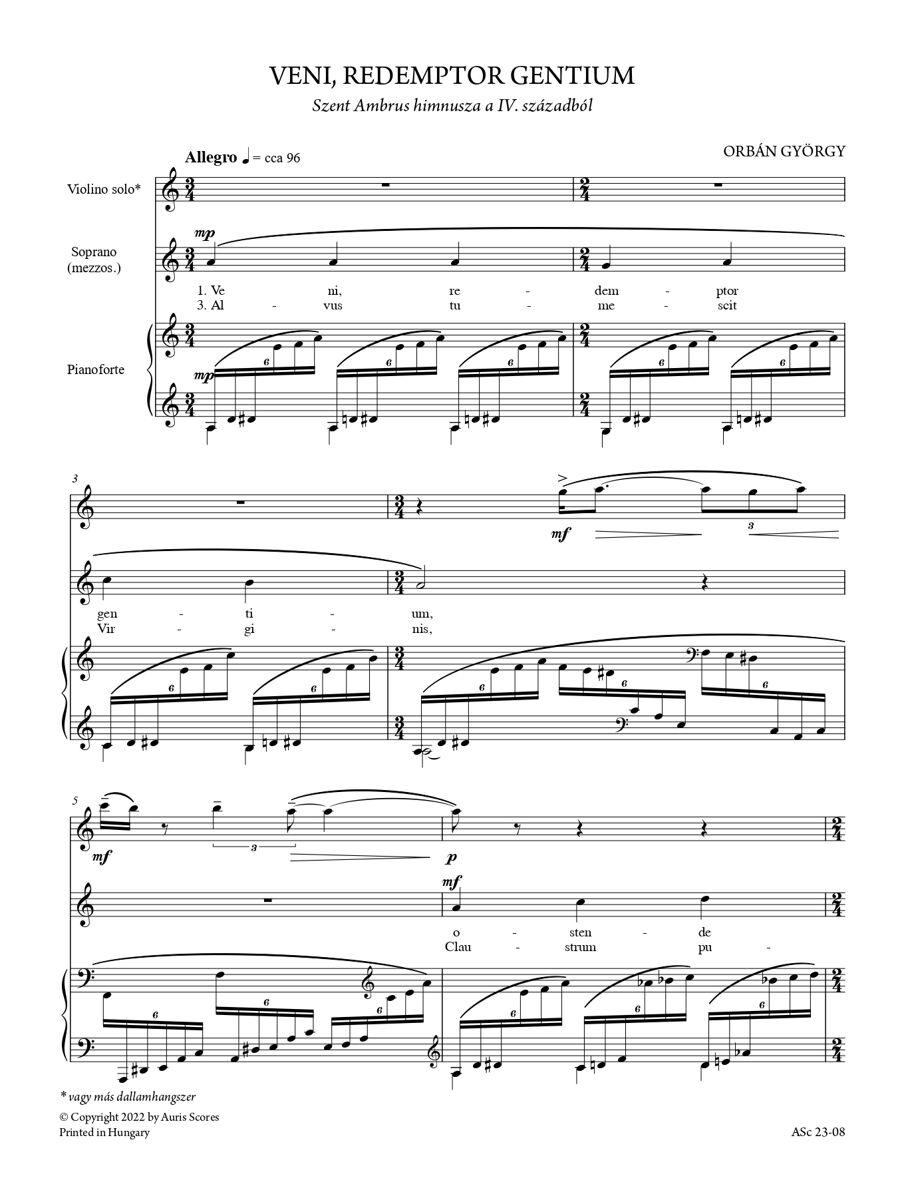 ORBÁN GYÖRGY - TEMPLOMI ÉNEKEK I. (CHURCH SONGS I.) - SZOPRÁNRA (VAGY MEZZOSZOPRÁNRA), HEGEDŰRE ÉS ZONGORÁRA