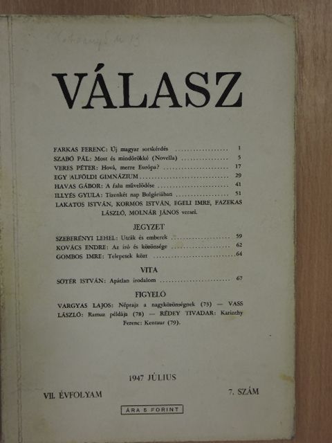Farkas Ferenc - Válasz 1947. július [antikvár]