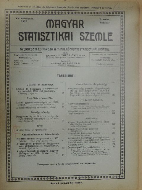 Dr. Donáth György - Magyar Statisztikai Szemle 1937. február [antikvár]