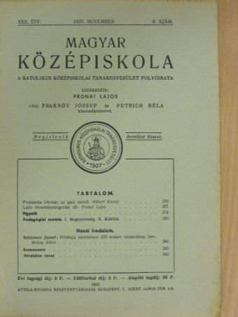 Dr. Prónai Lajos - Magyar Középiskola 1937. november [antikvár]