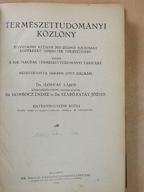Bábonyi E. - Természettudományi Közlöny 1932. január-december/Pótfüzetek a Természettudományi Közlönyhöz 1932. január-december [antikvár]