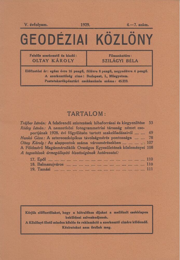OLTAY KÁROLY - Geodéziai közlöny 1929 / 4-7.szám [antikvár]