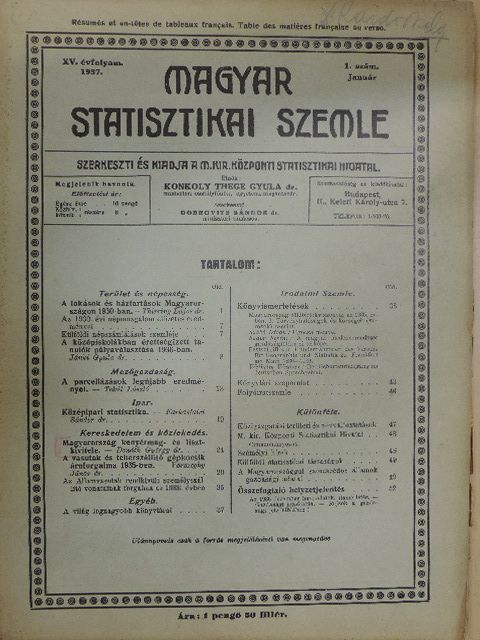 Dr. Donáth György - Magyar Statisztikai Szemle 1937. január [antikvár]