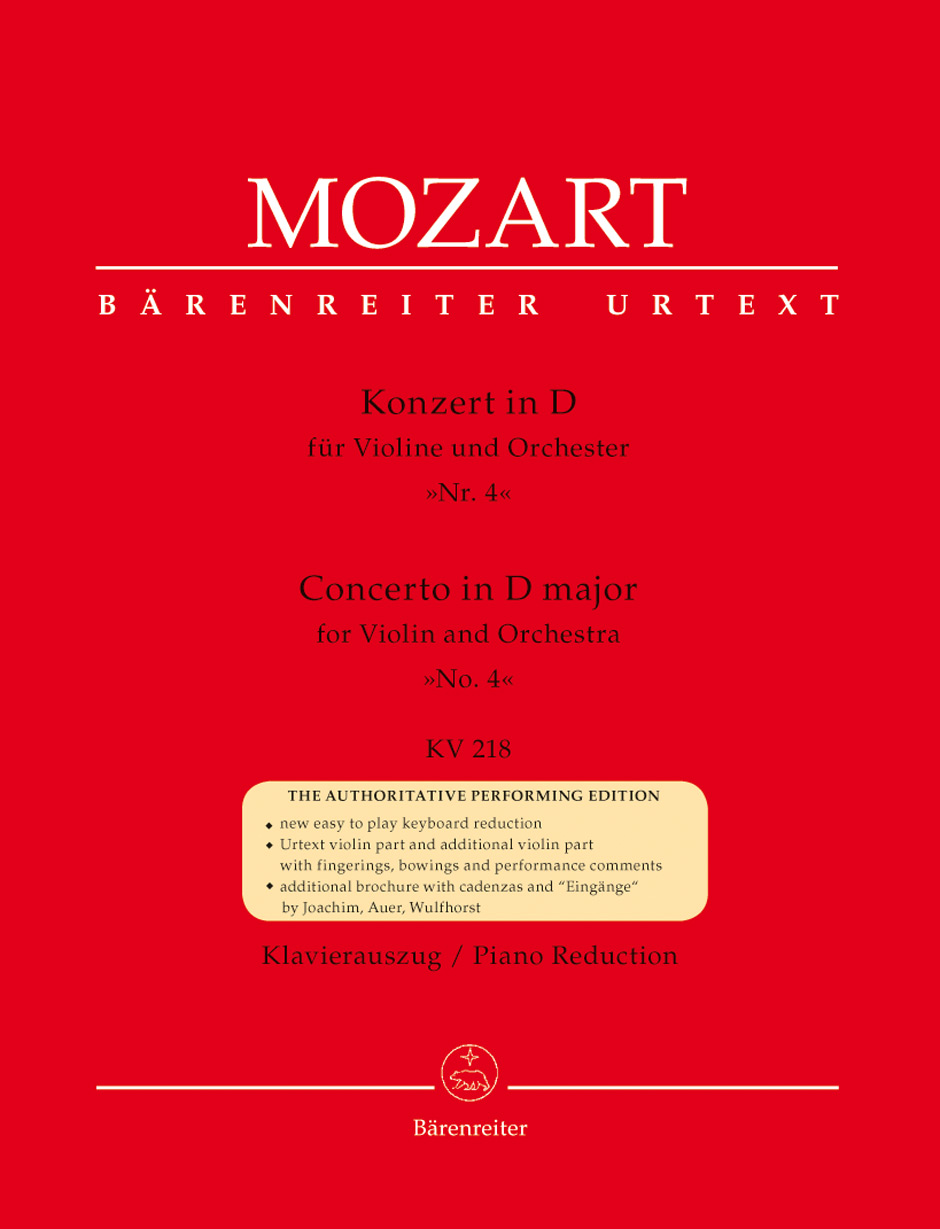 MOZART, W,A, - KONZERT IN D FÜR VIOLINE UND ORCHESTER NR.4 KV 218 KLAVIERAUSZUG URTEXT
