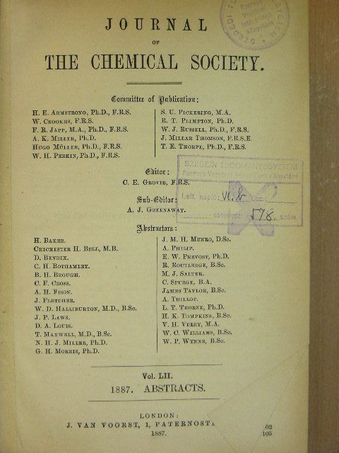 A. H. Fison - Journal of the Chemical Society 1887. [antikvár]