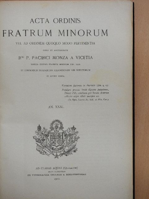 Acta Ordinis Fratrum Minorum Ianuarii-Decembris 1912 [antikvár]