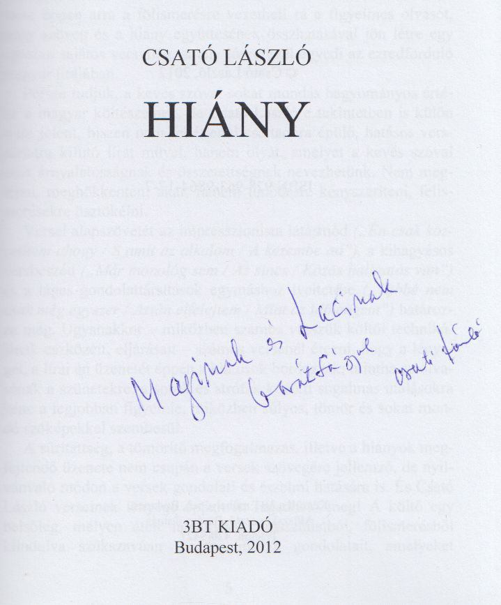 Csató László - Hiány (Dedikált) [antikvár]