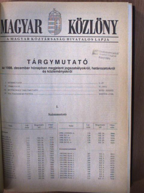 Magyar Közlöny 1998. december 1.-31. (nem teljes évfolyam) I-II. [antikvár]