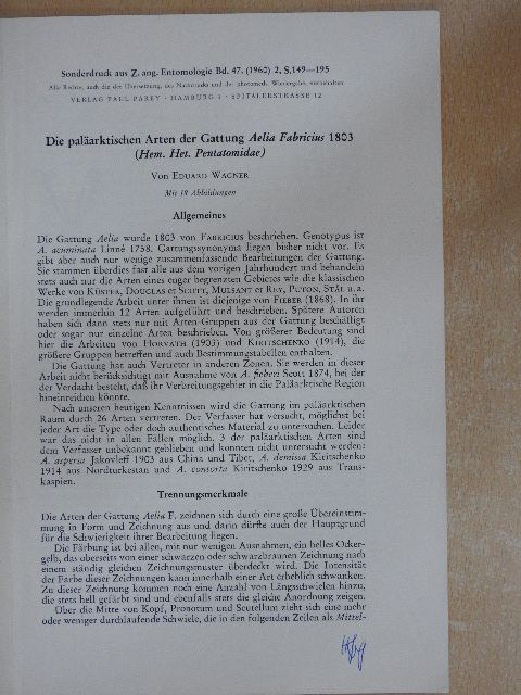 Eduard Wagner - Die paläarktischen Arten der Gattung Aelia Fabricius 1803 [antikvár]