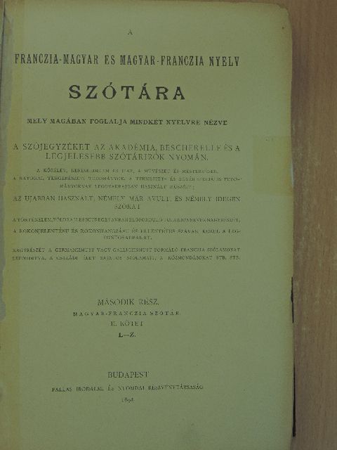 A franczia-magyar és magyar-franczia nyelv szótára II/2. (töredék) [antikvár]
