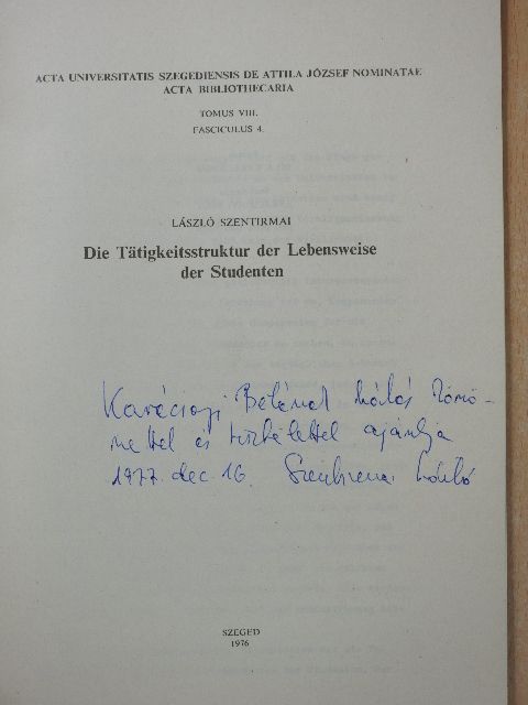 László Szentirmai - Acta Bibliothecaria Tomus VIII. Fasciculus 4. (dedikált példány) [antikvár]